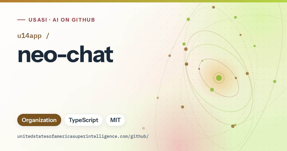 Generated orange orbit artwork for u14app/neo-chat, labeled USASI · AI on GitHub, with Organization · TypeScript · MIT.