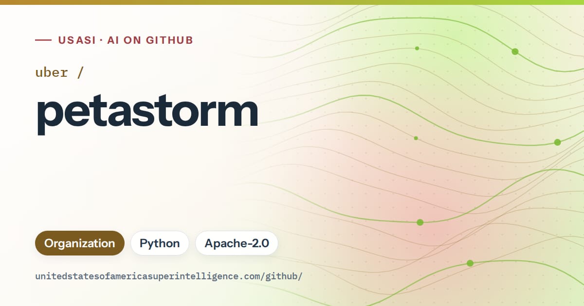Generated orange flowing-wave artwork for uber/petastorm, labeled USASI · AI on GitHub, with Organization · Python · Apache-2.0.