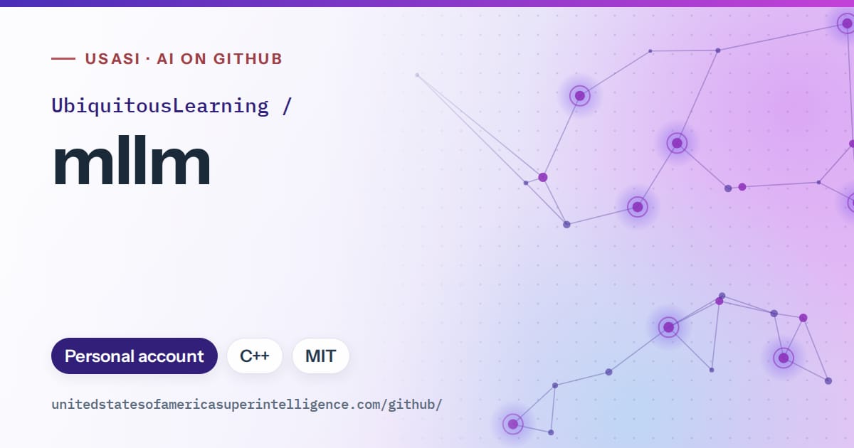 Generated violet constellation network artwork for UbiquitousLearning/mllm, labeled USASI · AI on GitHub, with Personal account · C++ · MIT.