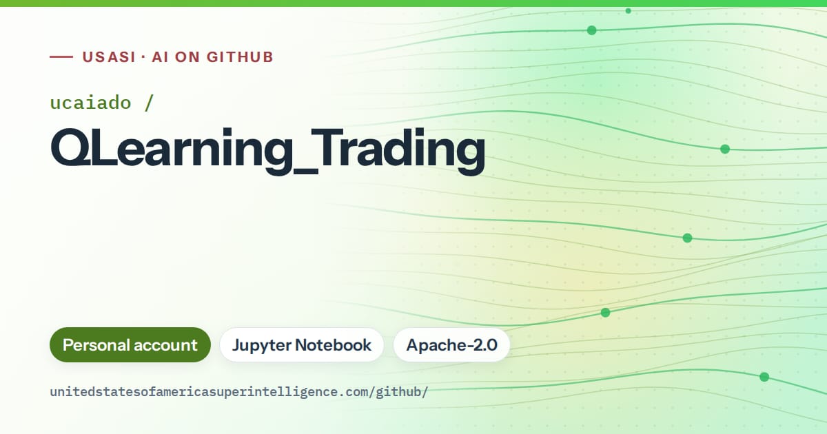 Generated green flowing-wave artwork for ucaiado/QLearning_Trading, labeled USASI · AI on GitHub, with Personal account · Jupyter Notebook · Apache-2.0.