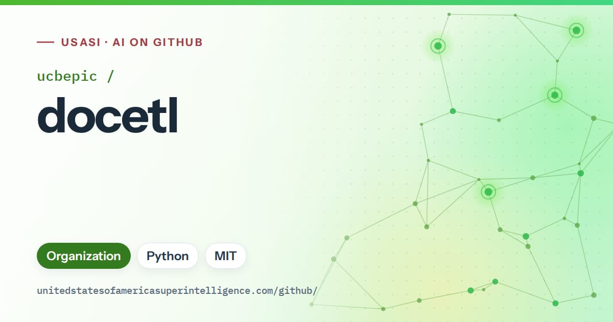 Generated green constellation network artwork for ucbepic/docetl, labeled USASI · AI on GitHub, with Organization · Python · MIT.
