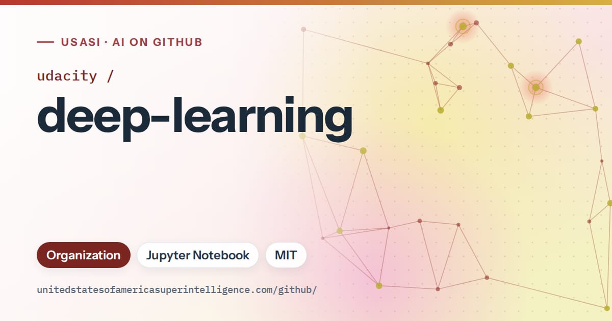 Generated red constellation network artwork for udacity/deep-learning, labeled USASI · AI on GitHub, with Organization · Jupyter Notebook · MIT.