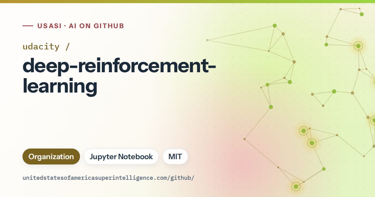 Generated orange constellation network artwork for udacity/deep-reinforcement-learning, labeled USASI · AI on GitHub, with Organization · Jupyter Notebook · MIT.