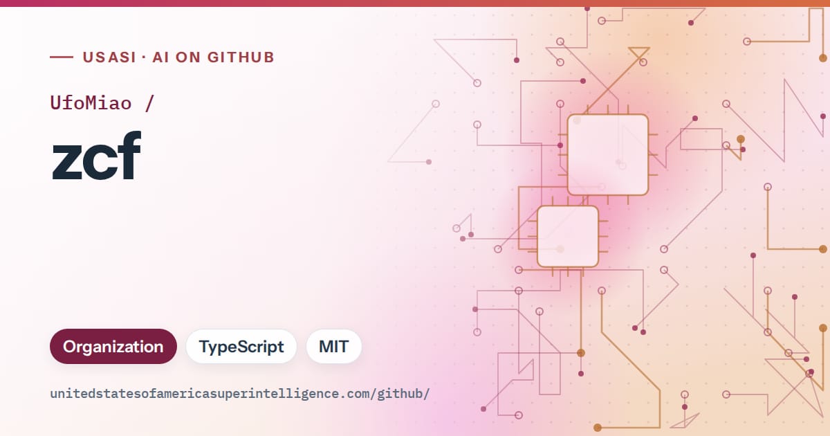 Generated pink circuit-trace artwork for UfoMiao/zcf, labeled USASI · AI on GitHub, with Organization · TypeScript · MIT.