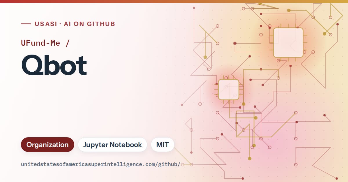 Generated red circuit-trace artwork for UFund-Me/Qbot, labeled USASI · AI on GitHub, with Organization · Jupyter Notebook · MIT.