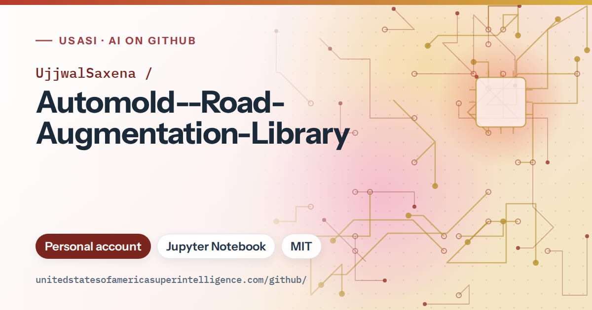 Generated red circuit-trace artwork for UjjwalSaxena/Automold--Road-Augmentation-Library, labeled USASI · AI on GitHub, with Personal account · Jupyter Notebook · MIT.