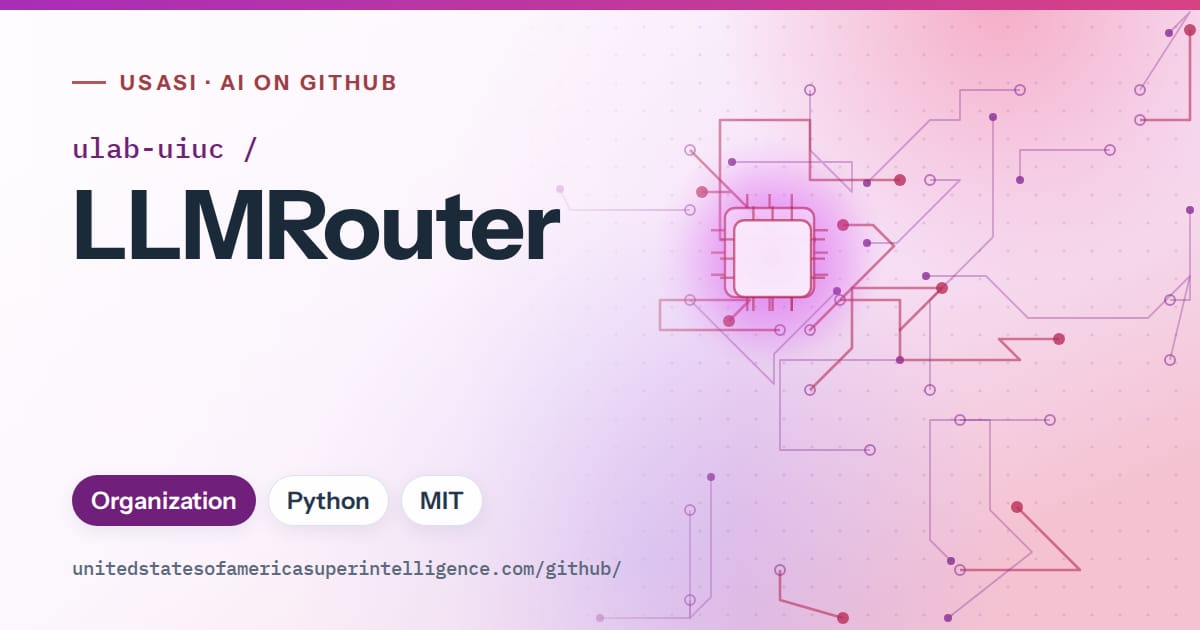 Generated purple circuit-trace artwork for ulab-uiuc/LLMRouter, labeled USASI · AI on GitHub, with Organization · Python · MIT.