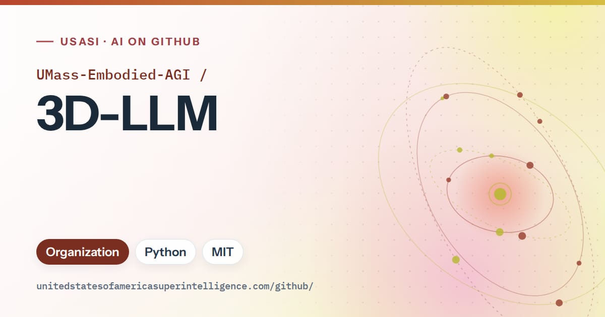 Generated red orbit artwork for UMass-Embodied-AGI/3D-LLM, labeled USASI · AI on GitHub, with Organization · Python · MIT.