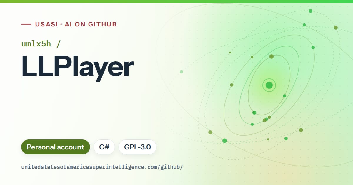 Generated green orbit artwork for umlx5h/LLPlayer, labeled USASI · AI on GitHub, with Personal account · C# · GPL-3.0.