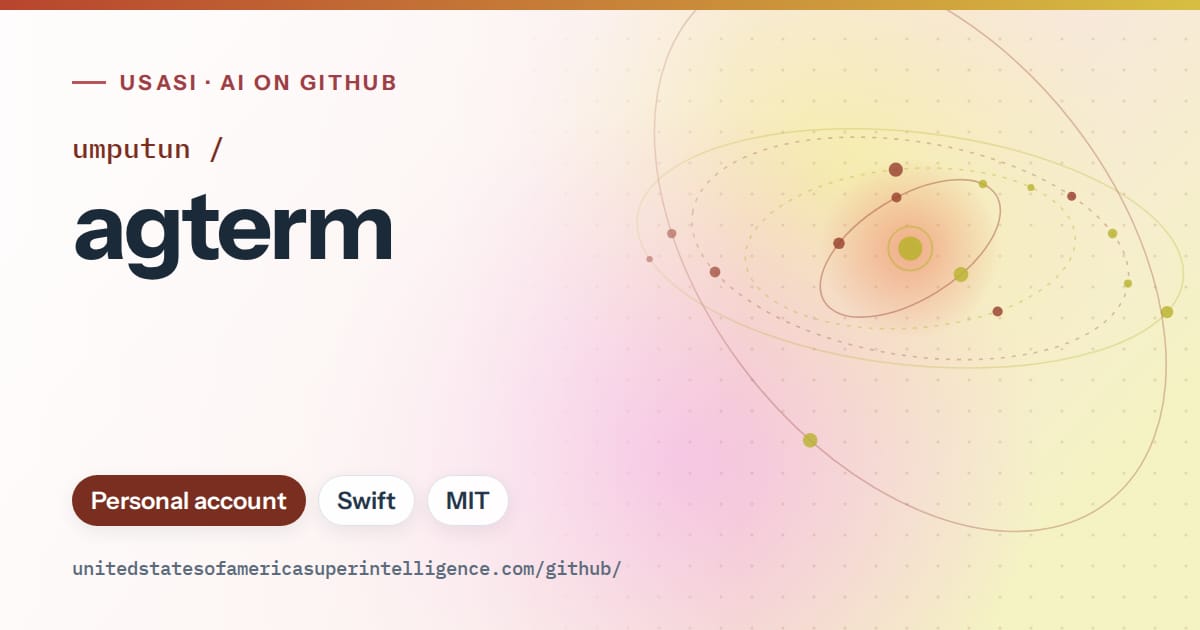 Generated red orbit artwork for umputun/agterm, labeled USASI · AI on GitHub, with Personal account · Swift · MIT.