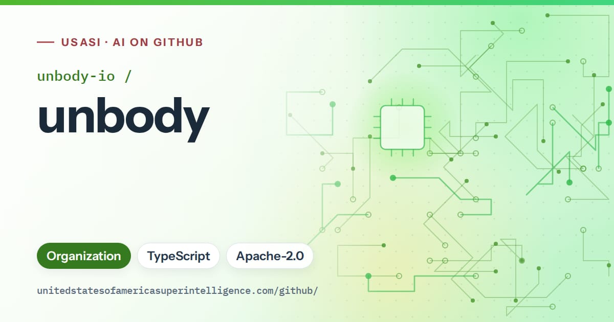 Generated green circuit-trace artwork for unbody-io/unbody, labeled USASI · AI on GitHub, with Organization · TypeScript · Apache-2.0.