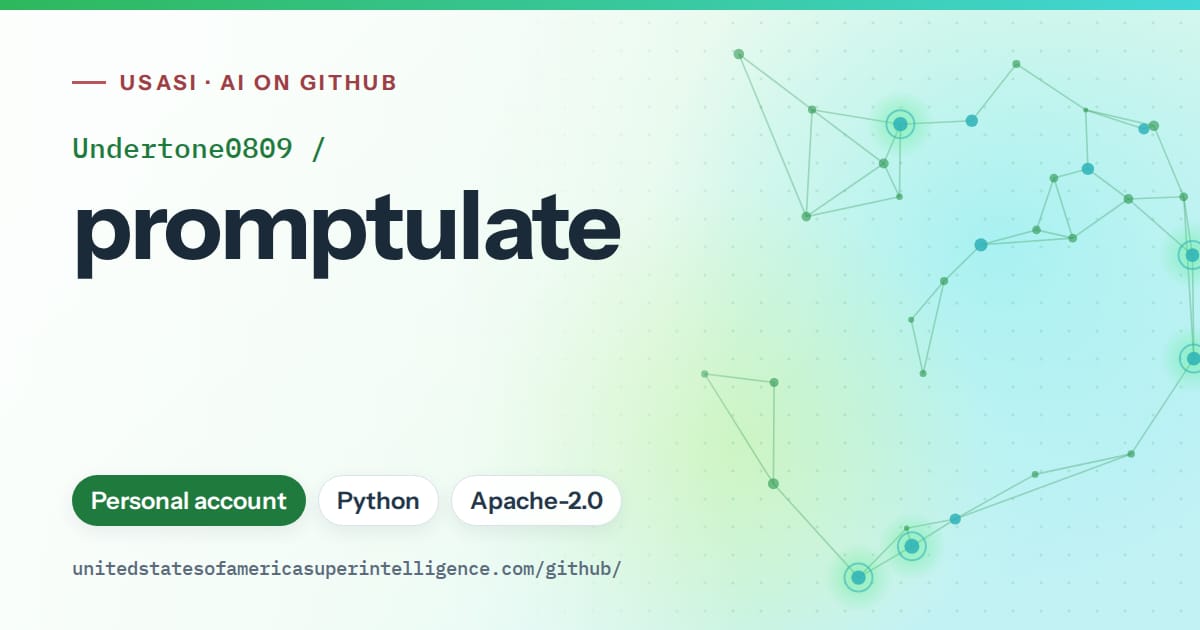 Generated green constellation network artwork for Undertone0809/promptulate, labeled USASI · AI on GitHub, with Personal account · Python · Apache-2.0.