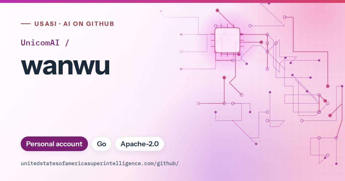 Generated purple circuit-trace artwork for UnicomAI/wanwu, labeled USASI · AI on GitHub, with Personal account · Go · Apache-2.0.