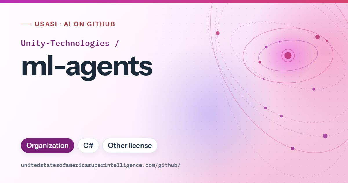 Generated purple orbit artwork for Unity-Technologies/ml-agents, labeled USASI · AI on GitHub, with Organization · C# · Other license.