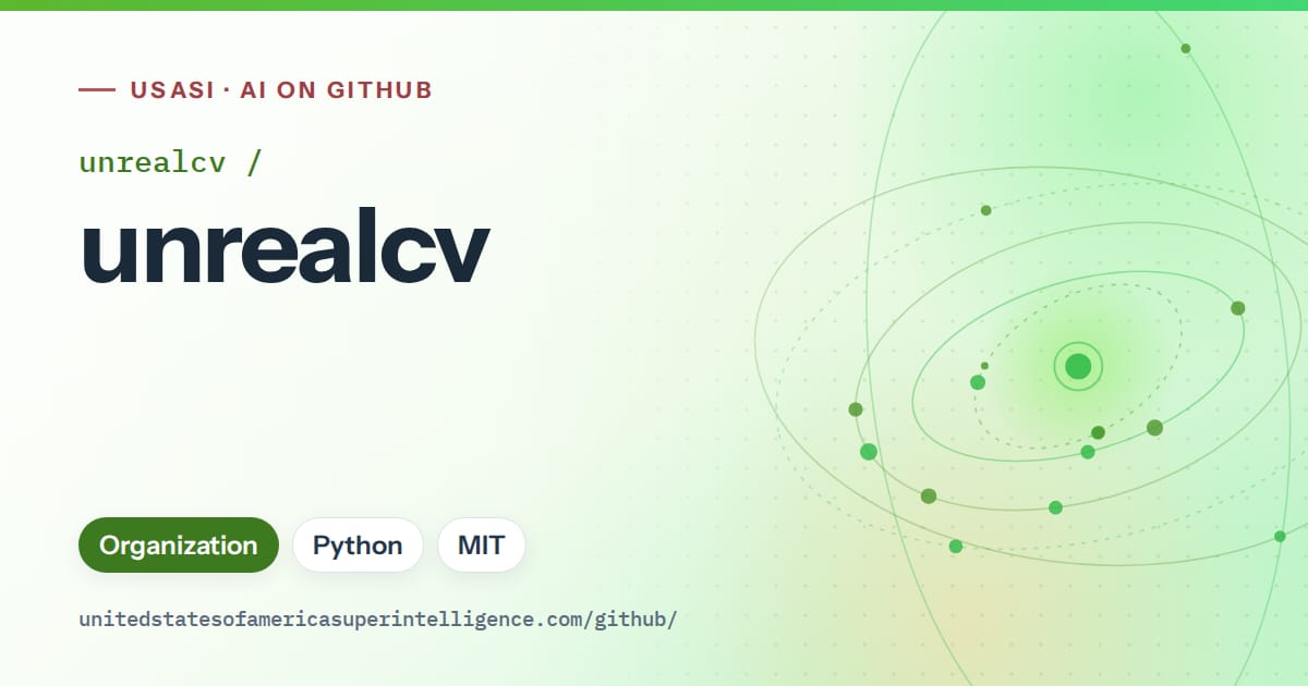 Generated green orbit artwork for unrealcv/unrealcv, labeled USASI · AI on GitHub, with Organization · Python · MIT.