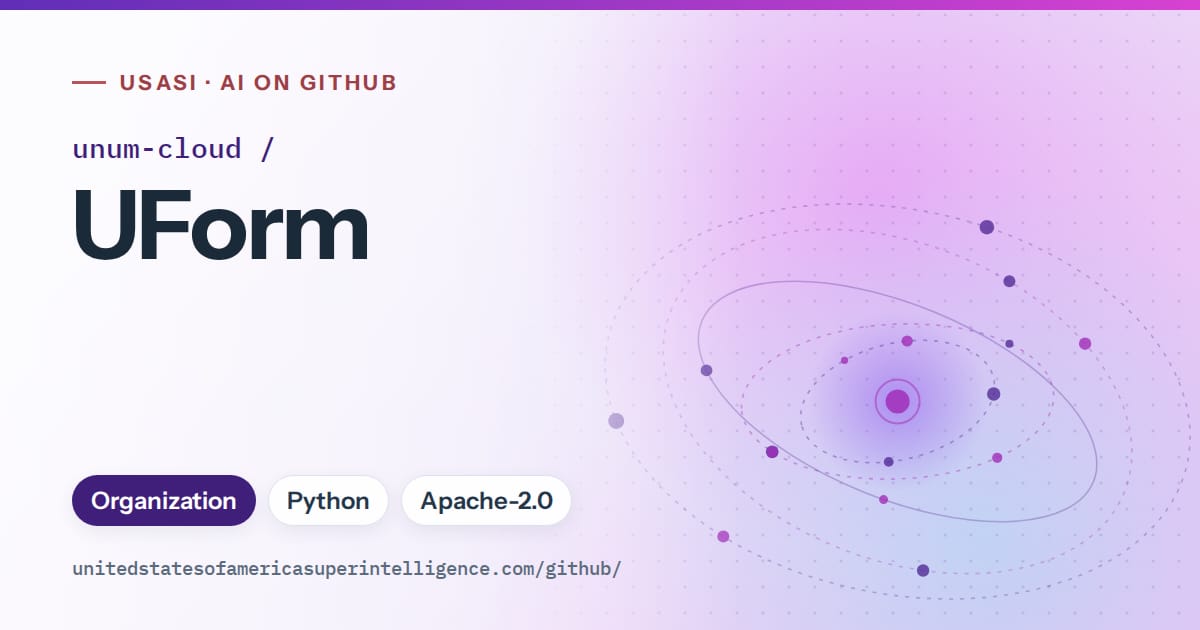 Generated violet orbit artwork for unum-cloud/UForm, labeled USASI · AI on GitHub, with Organization · Python · Apache-2.0.