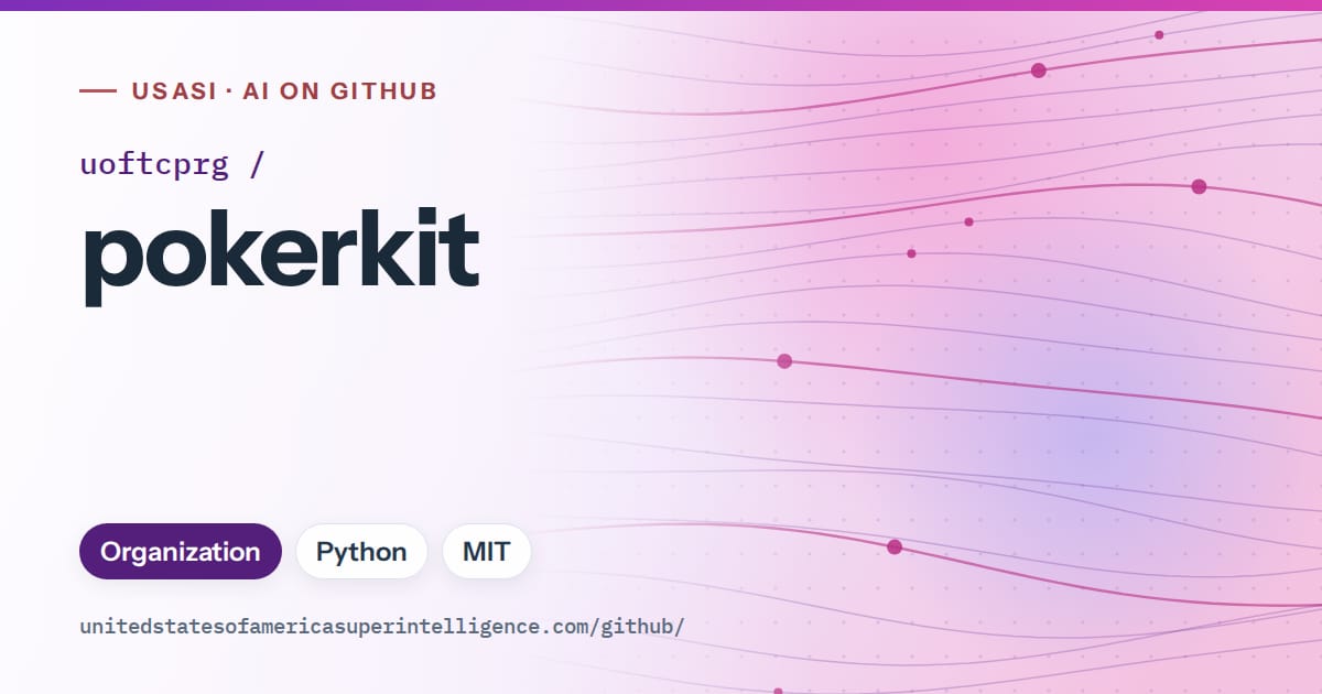 Generated violet flowing-wave artwork for uoftcprg/pokerkit, labeled USASI · AI on GitHub, with Organization · Python · MIT.
