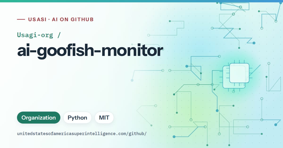 Generated teal circuit-trace artwork for Usagi-org/ai-goofish-monitor, labeled USASI · AI on GitHub, with Organization · Python · MIT.