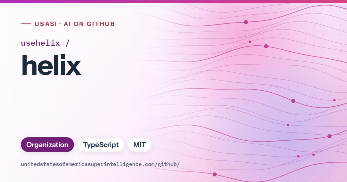 Generated purple flowing-wave artwork for usehelix/helix, labeled USASI · AI on GitHub, with Organization · TypeScript · MIT.