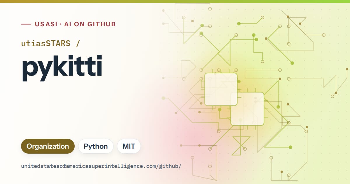Generated green circuit-trace artwork for utiasSTARS/pykitti, labeled USASI · AI on GitHub, with Organization · Python · MIT.
