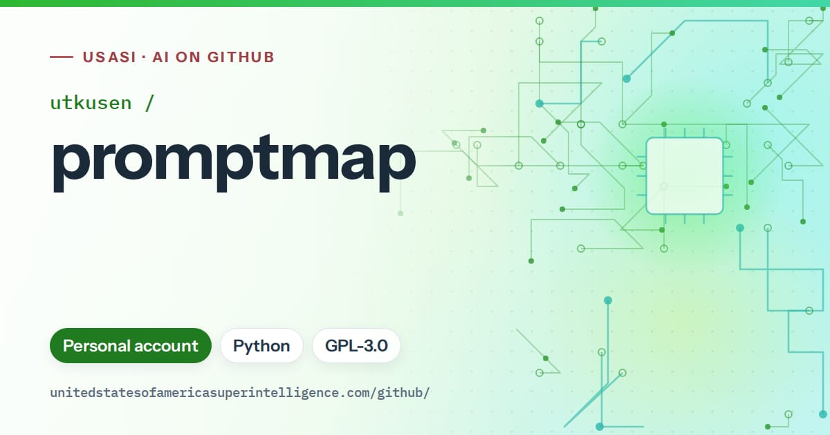 Generated green circuit-trace artwork for utkusen/promptmap, labeled USASI · AI on GitHub, with Personal account · Python · GPL-3.0.