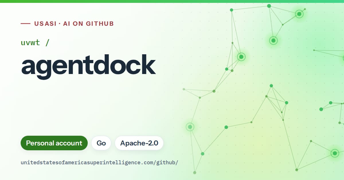 Generated green constellation network artwork for uvwt/agentdock, labeled USASI · AI on GitHub, with Personal account · Go · Apache-2.0.