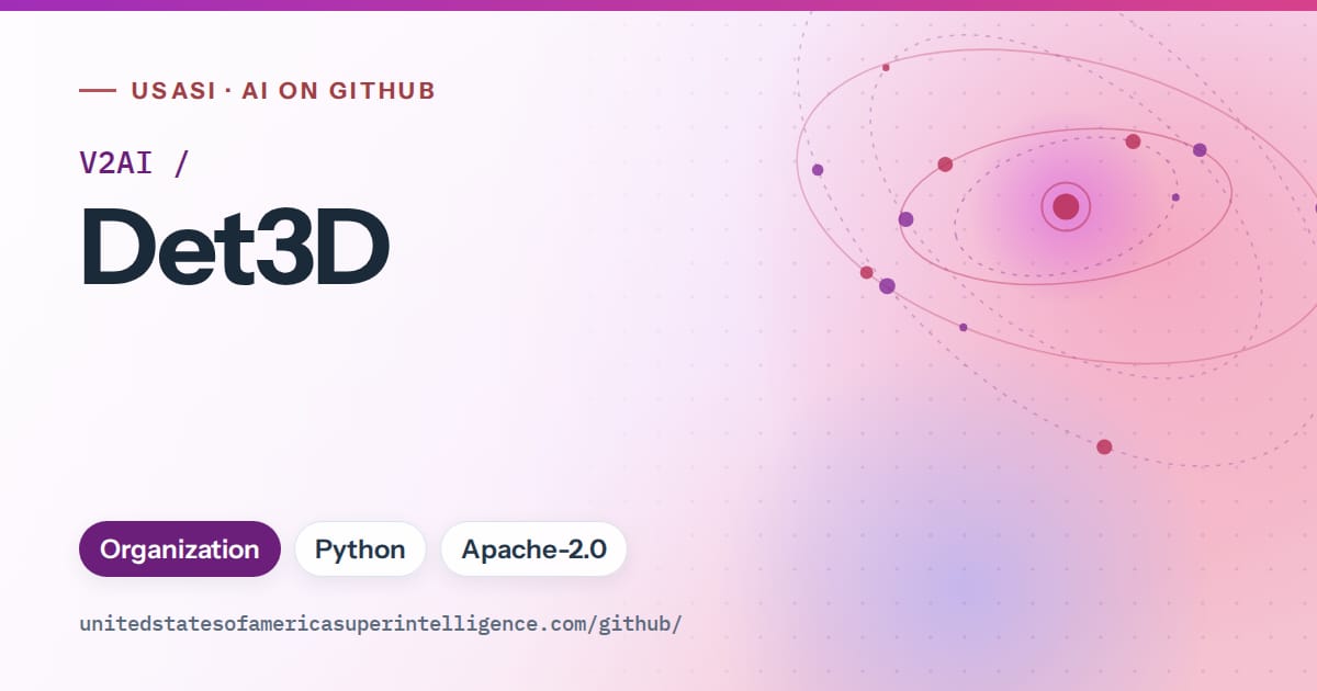Generated purple orbit artwork for V2AI/Det3D, labeled USASI · AI on GitHub, with Organization · Python · Apache-2.0.
