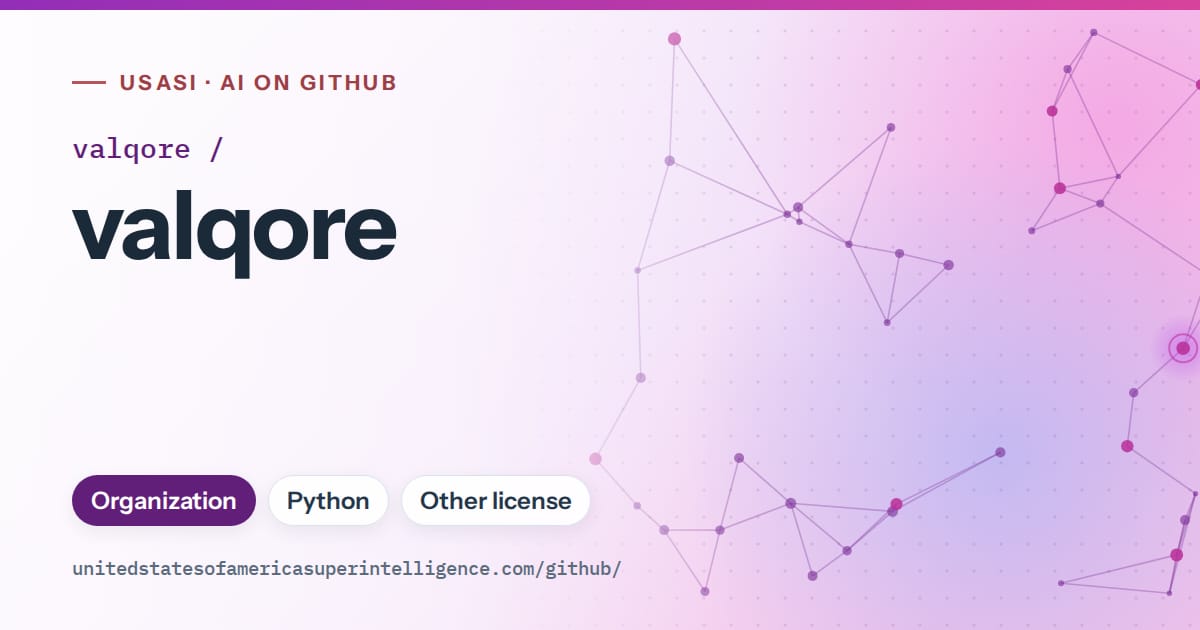 Generated violet constellation network artwork for valqore/valqore, labeled USASI · AI on GitHub, with Organization · Python · Other license.