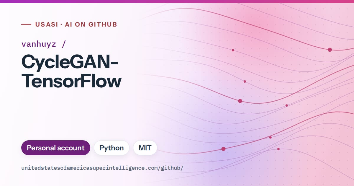 Generated purple flowing-wave artwork for vanhuyz/CycleGAN-TensorFlow, labeled USASI · AI on GitHub, with Personal account · Python · MIT.