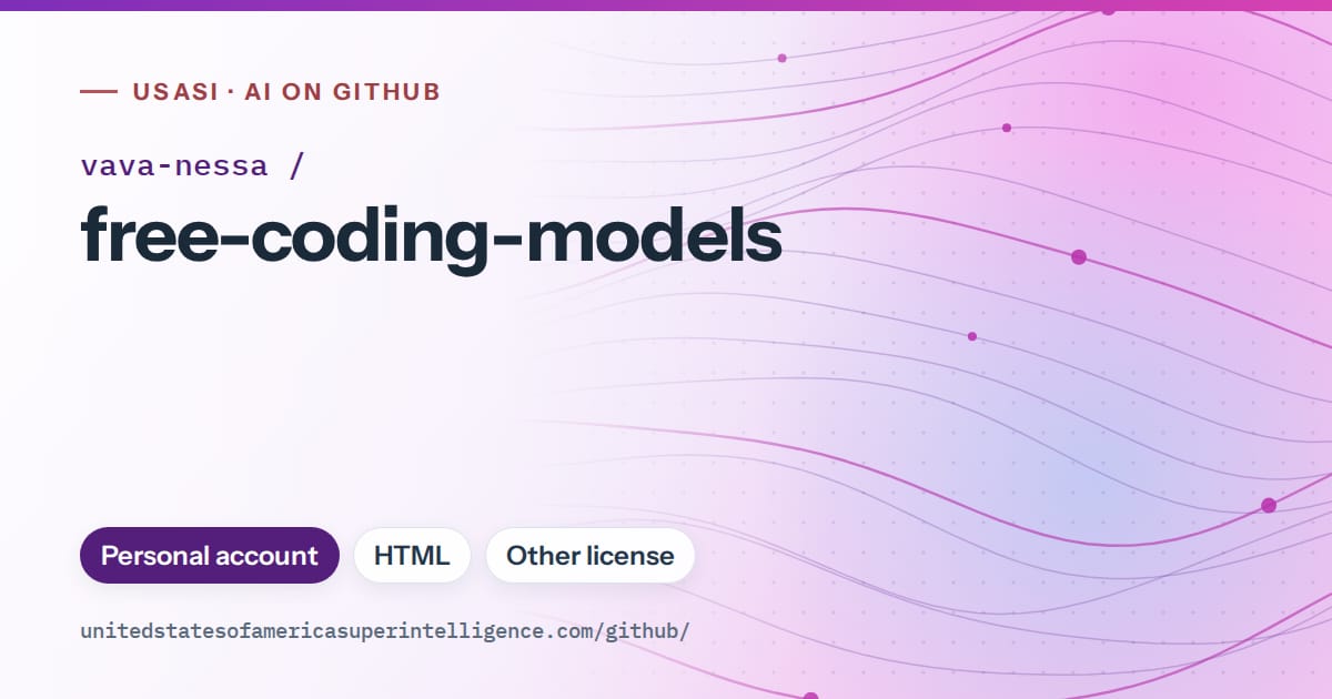 Generated violet flowing-wave artwork for vava-nessa/free-coding-models, labeled USASI · AI on GitHub, with Personal account · HTML · Other license.
