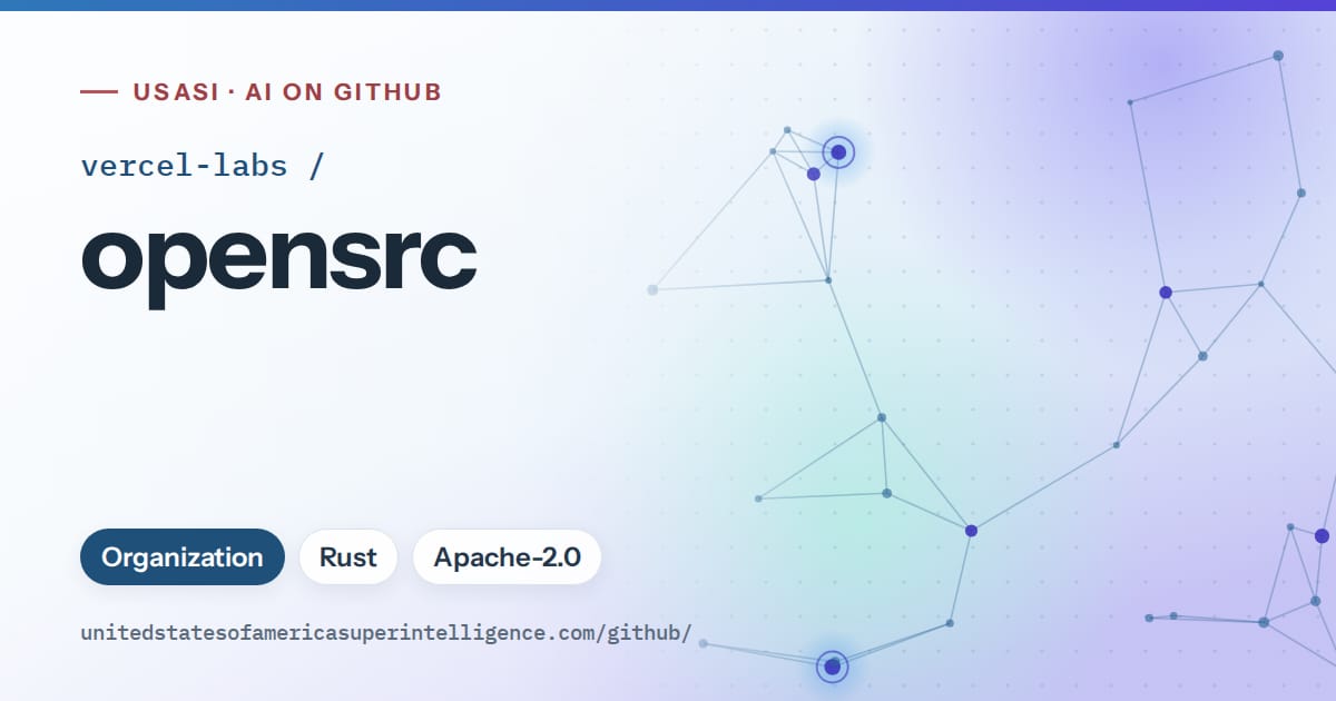 Generated sky blue constellation network artwork for vercel-labs/opensrc, labeled USASI · AI on GitHub, with Organization · Rust · Apache-2.0.