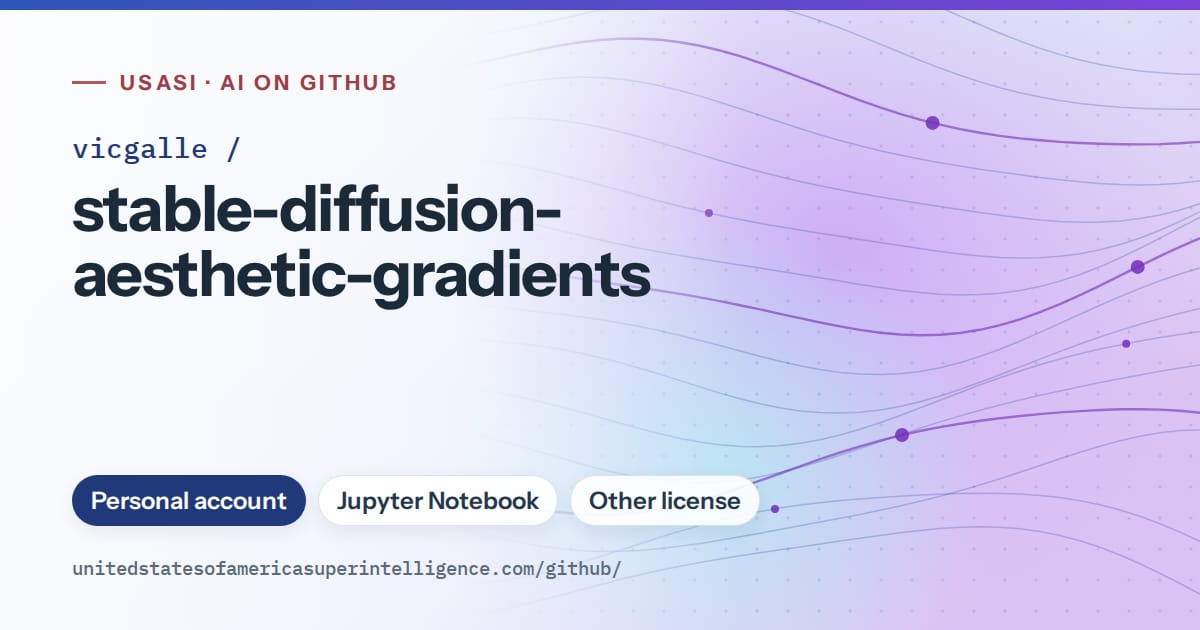 Generated blue flowing-wave artwork for vicgalle/stable-diffusion-aesthetic-gradients, labeled USASI · AI on GitHub, with Personal account · Jupyter Notebook · Other license.