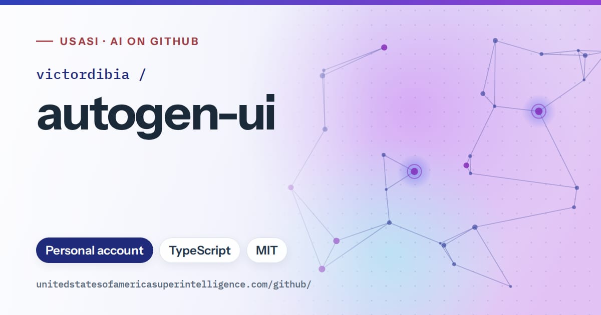 Generated blue constellation network artwork for victordibia/autogen-ui, labeled USASI · AI on GitHub, with Personal account · TypeScript · MIT.