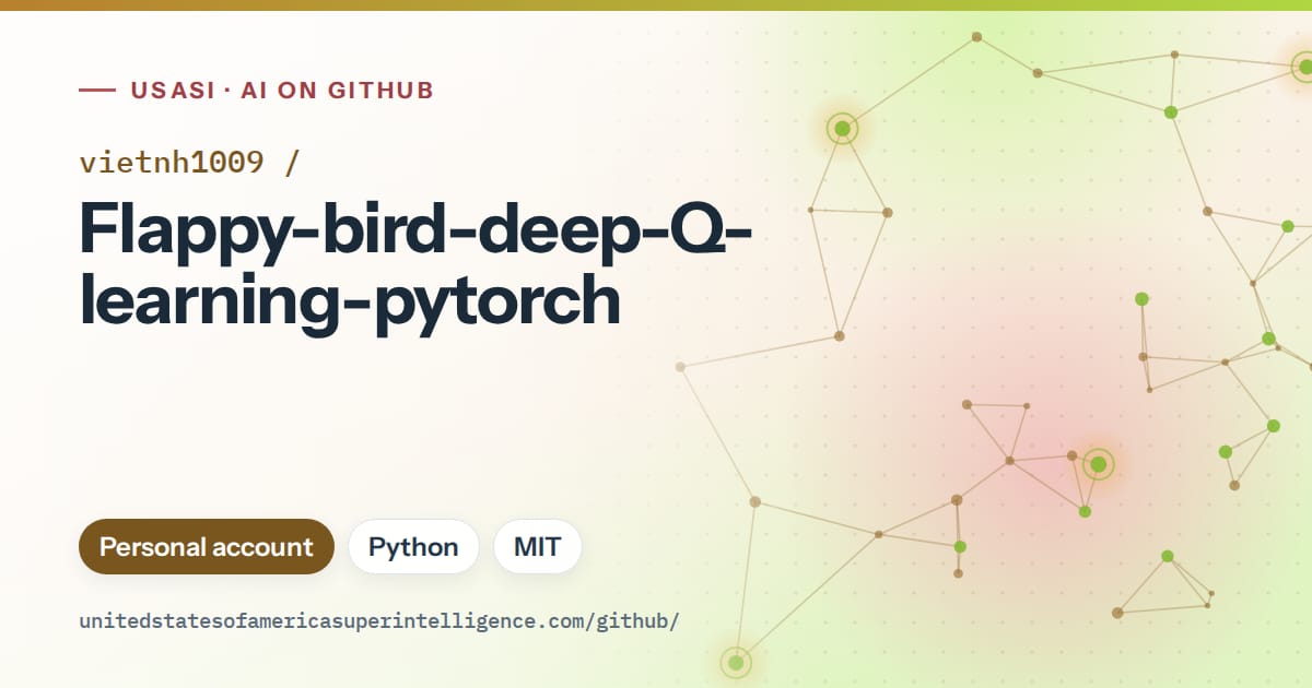 Generated orange constellation network artwork for vietnh1009/Flappy-bird-deep-Q-learning-pytorch, labeled USASI · AI on GitHub, with Personal account · Python · MIT.