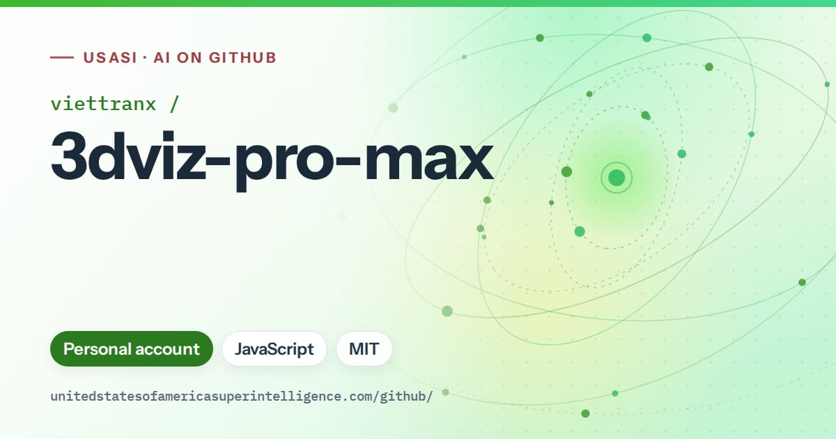 Generated green orbit artwork for viettranx/3dviz-pro-max, labeled USASI · AI on GitHub, with Personal account · JavaScript · MIT.
