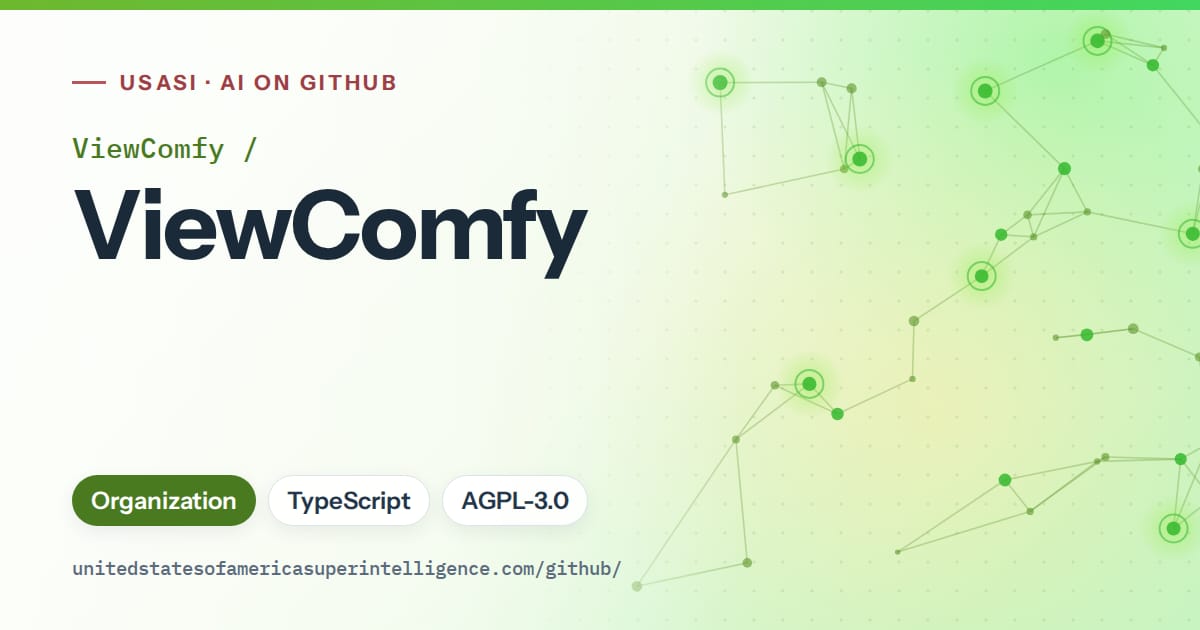 Generated green constellation network artwork for ViewComfy/ViewComfy, labeled USASI · AI on GitHub, with Organization · TypeScript · AGPL-3.0.