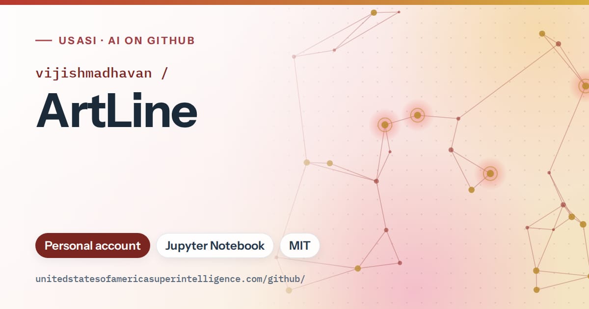 Generated red constellation network artwork for vijishmadhavan/ArtLine, labeled USASI · AI on GitHub, with Personal account · Jupyter Notebook · MIT.