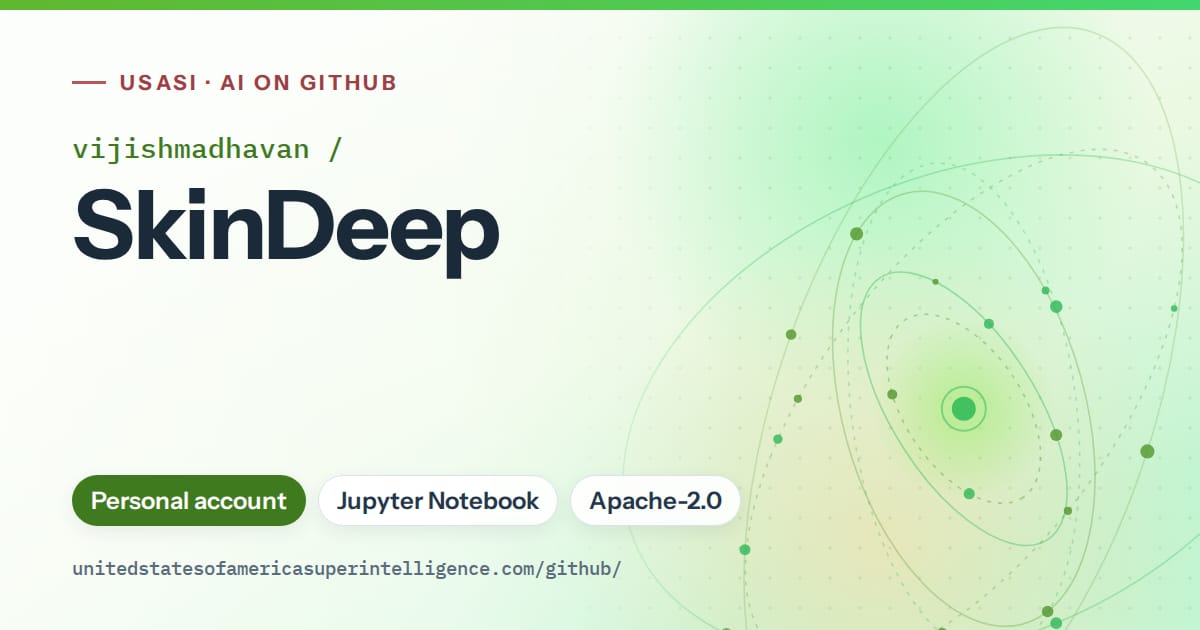 Generated green orbit artwork for vijishmadhavan/SkinDeep, labeled USASI · AI on GitHub, with Personal account · Jupyter Notebook · Apache-2.0.