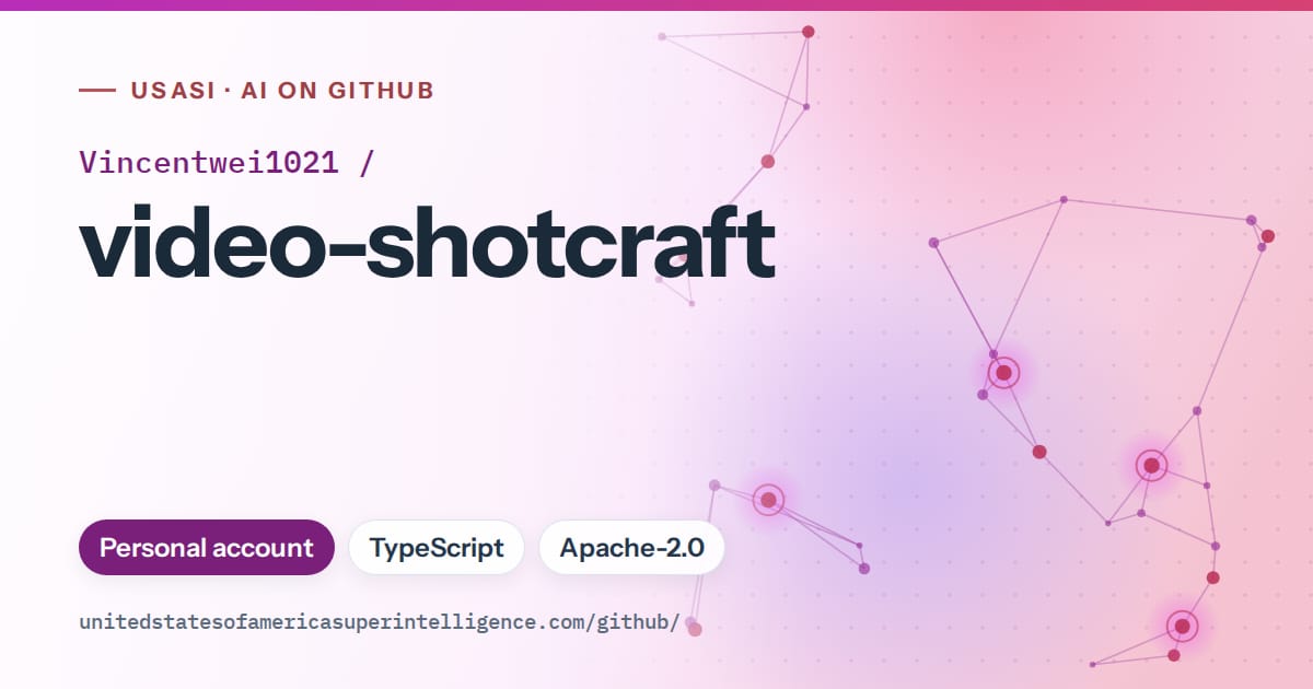 Generated purple constellation network artwork for Vincentwei1021/video-shotcraft, labeled USASI · AI on GitHub, with Personal account · TypeScript · Apache-2.0.