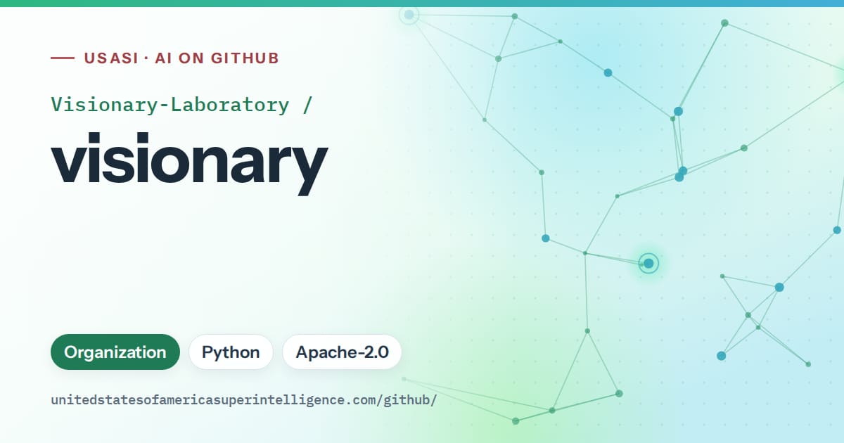 Generated teal constellation network artwork for Visionary-Laboratory/visionary, labeled USASI · AI on GitHub, with Organization · Python · Apache-2.0.