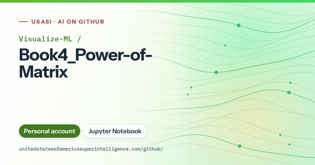 Generated green flowing-wave artwork for Visualize-ML/Book4_Power-of-Matrix, labeled USASI · AI on GitHub, with Personal account · Jupyter Notebook.