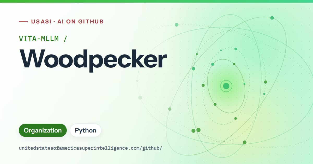 Generated green orbit artwork for VITA-MLLM/Woodpecker, labeled USASI · AI on GitHub, with Organization · Python.