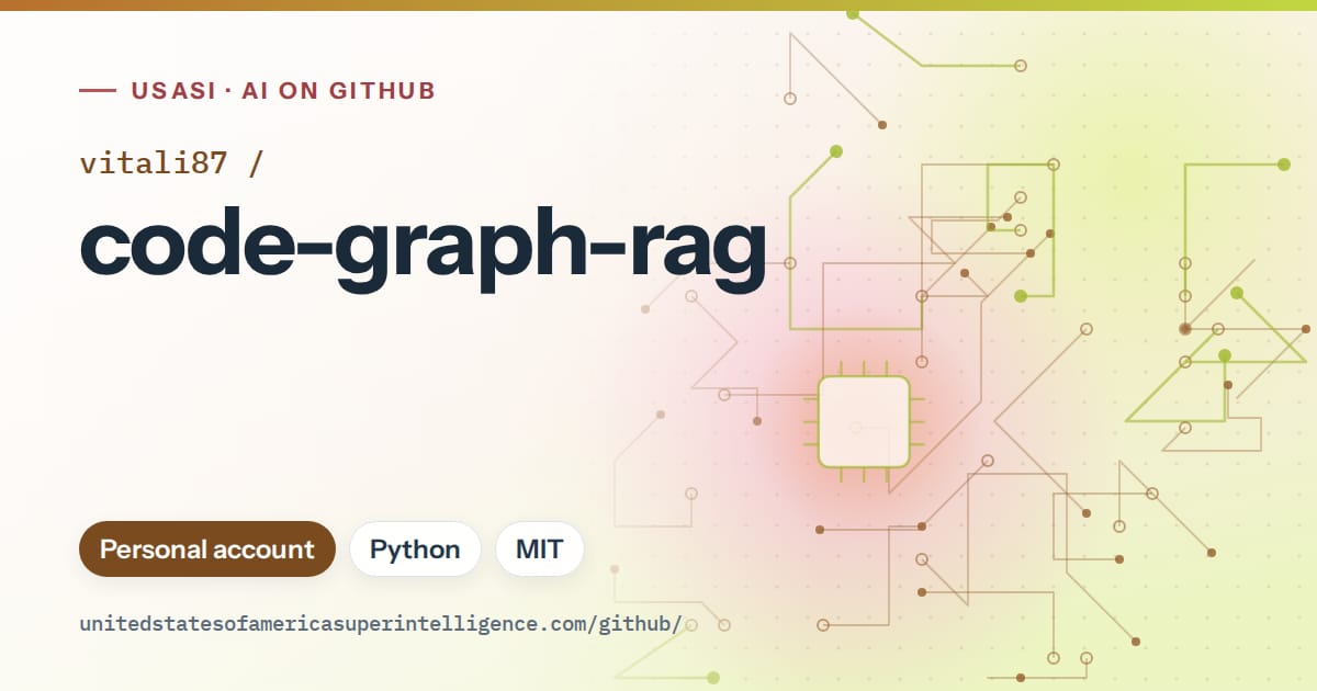 Generated orange circuit-trace artwork for vitali87/code-graph-rag, labeled USASI · AI on GitHub, with Personal account · Python · MIT.