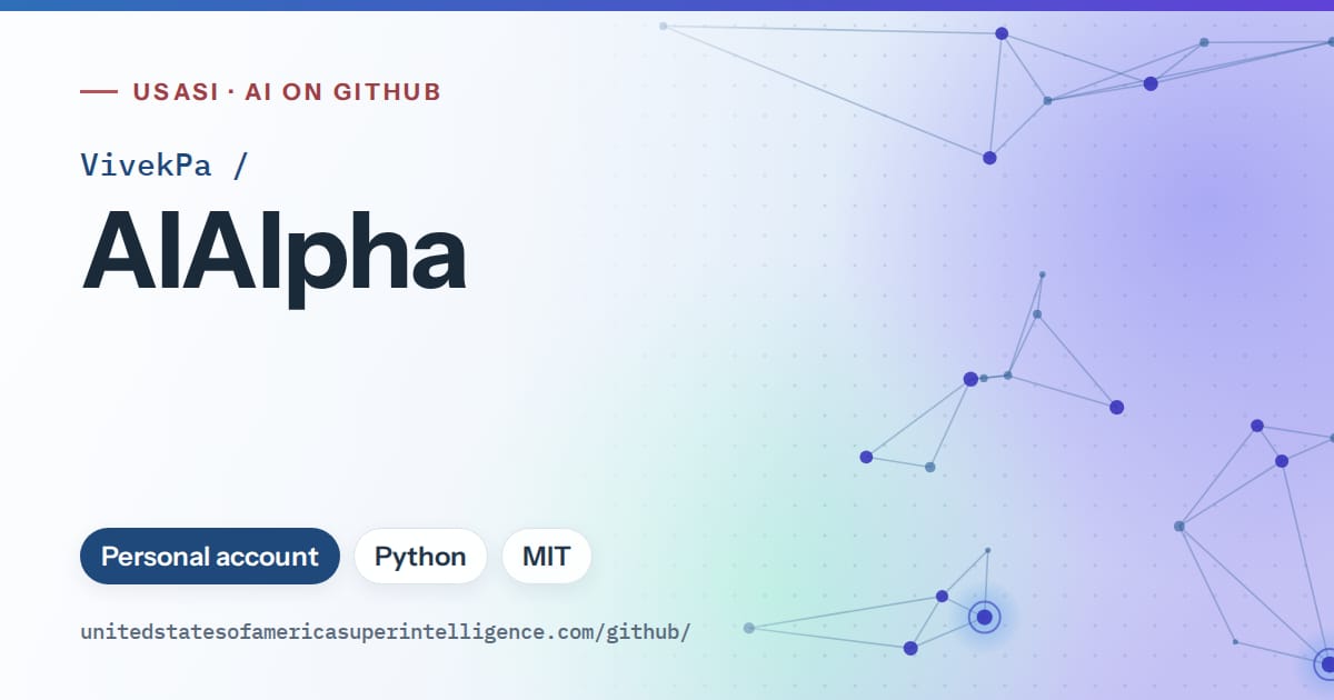 Generated sky blue constellation network artwork for VivekPa/AIAlpha, labeled USASI · AI on GitHub, with Personal account · Python · MIT.