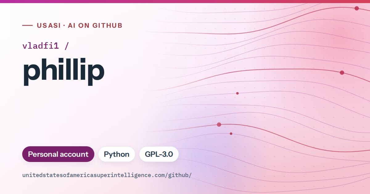 Generated purple flowing-wave artwork for vladfi1/phillip, labeled USASI · AI on GitHub, with Personal account · Python · GPL-3.0.