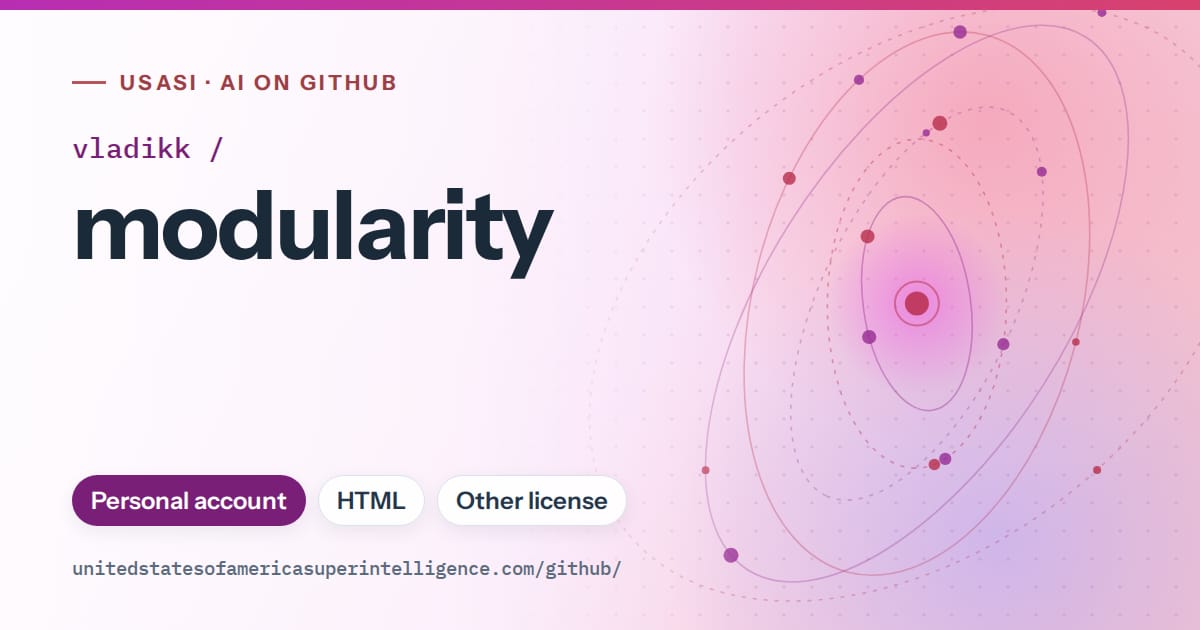 Generated purple orbit artwork for vladikk/modularity, labeled USASI · AI on GitHub, with Personal account · HTML · Other license.