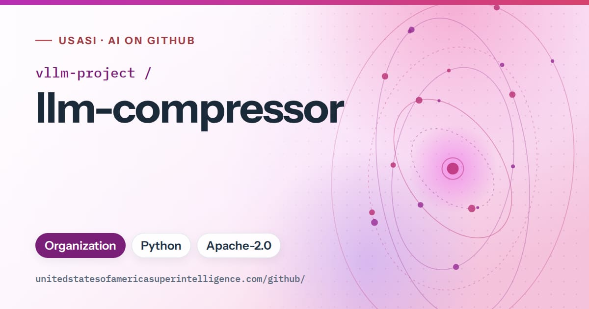 Generated purple orbit artwork for vllm-project/llm-compressor, labeled USASI · AI on GitHub, with Organization · Python · Apache-2.0.