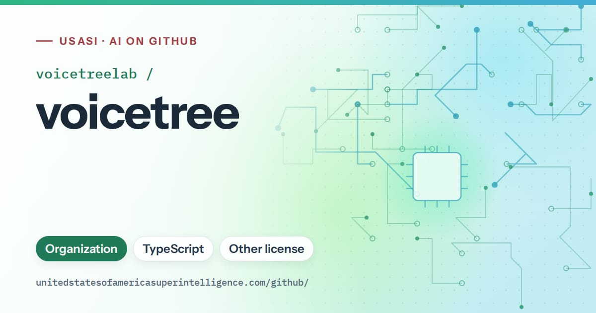 Generated teal circuit-trace artwork for voicetreelab/voicetree, labeled USASI · AI on GitHub, with Organization · TypeScript · Other license.