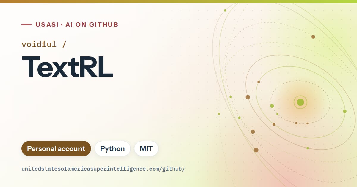 Generated orange orbit artwork for voidful/TextRL, labeled USASI · AI on GitHub, with Personal account · Python · MIT.