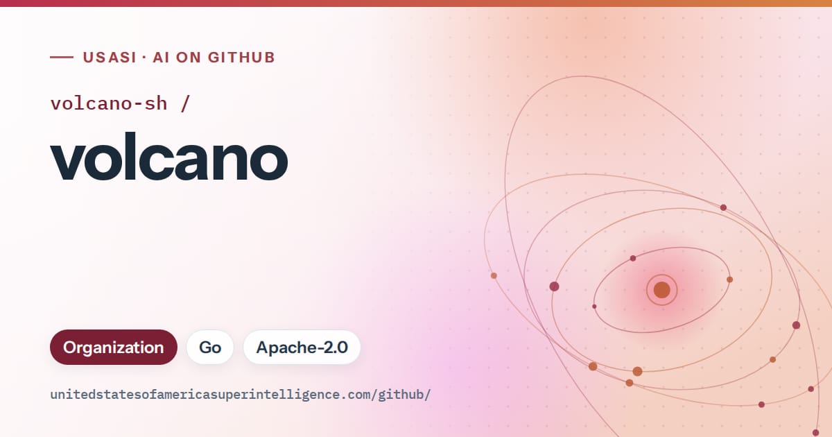 Generated red orbit artwork for volcano-sh/volcano, labeled USASI · AI on GitHub, with Organization · Go · Apache-2.0.